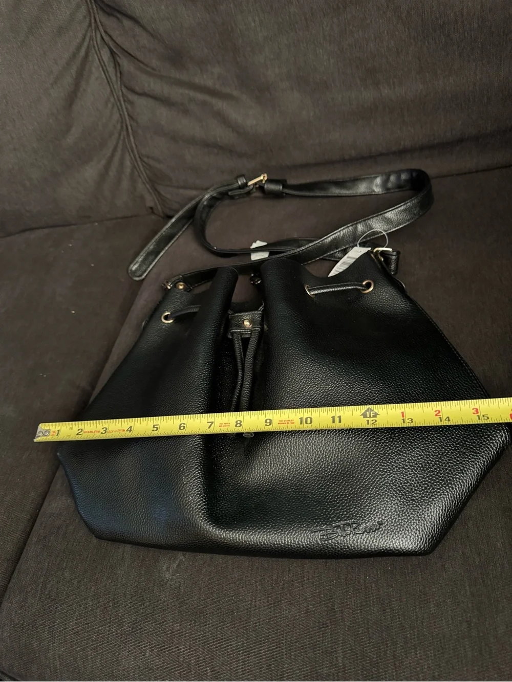 Bella Russo Black Pebbled Bucket Bag, Drawstring/Zip, Detachable Pouch, Gold